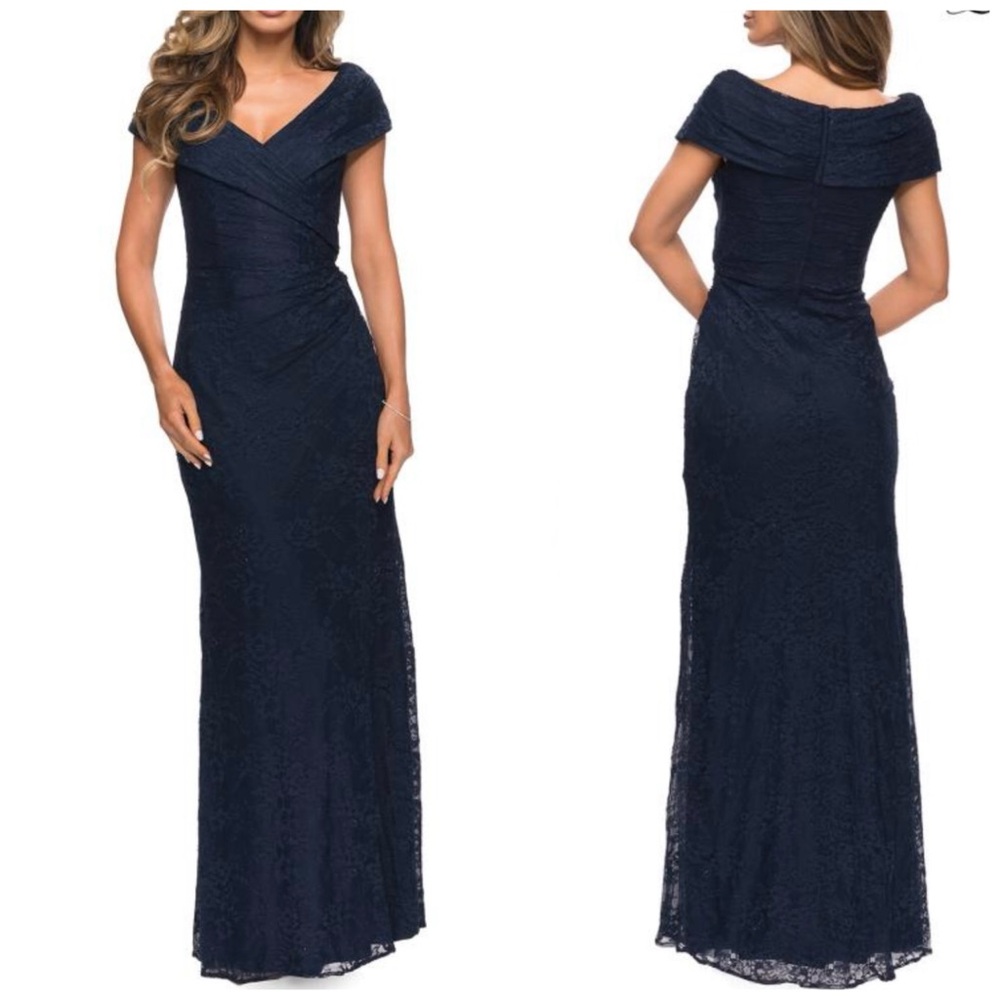 La Femme Elegant Navy Blue Evening Gown